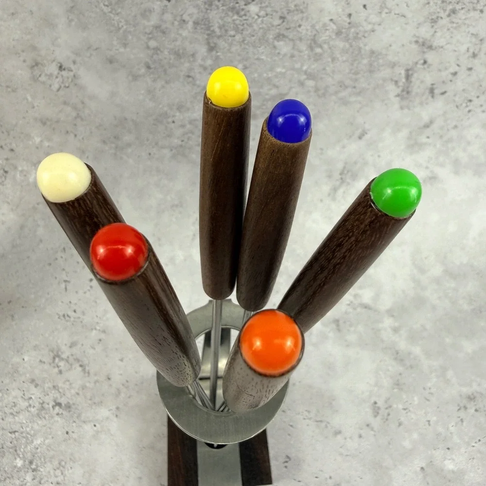 Fondue Fork Set Stainless Steel Wood‎ Handles Made in Japan NOS